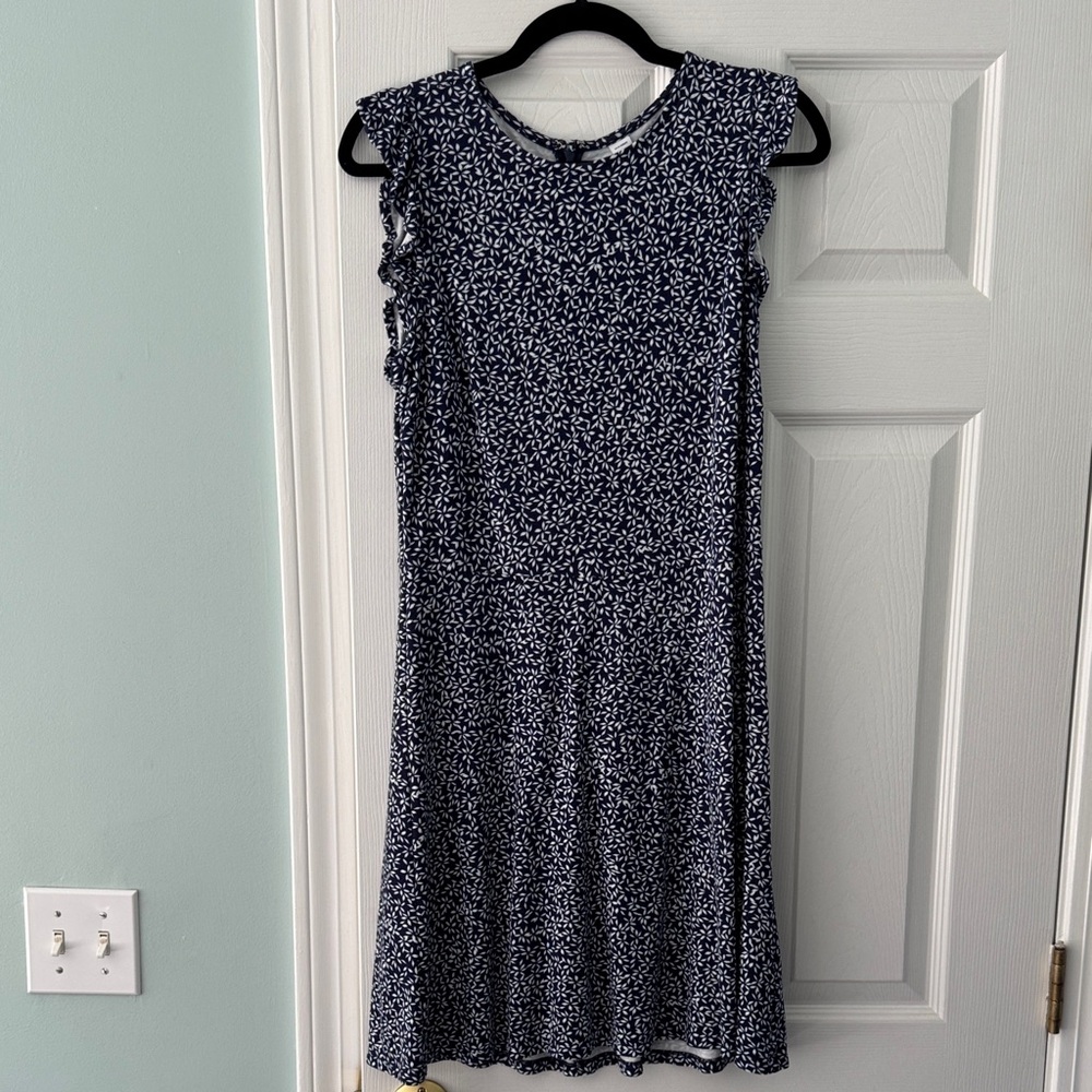 Navy Blue Floral Ruffle Sleeve Women's Dress